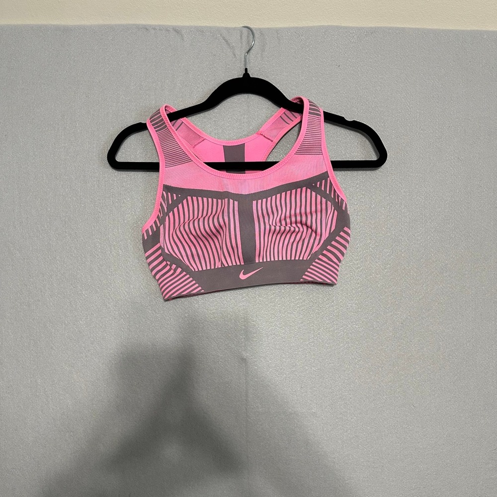 Nike Pro Indy Sports Bra Womens Medium Pink Grey Striped Racerback Seamless